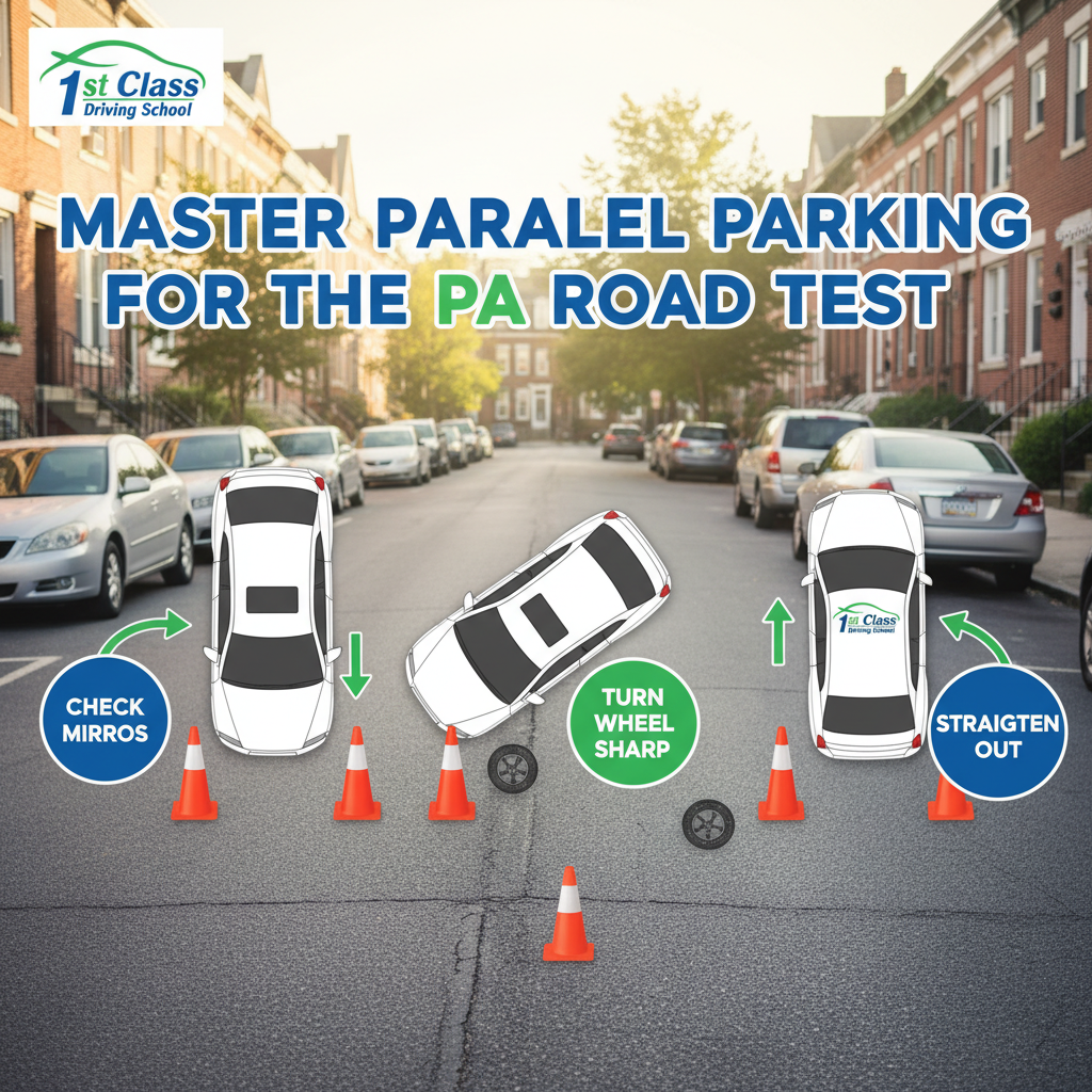 A diagram showing the correct steps for parallel parking, a key part of the Philadelphia driving test.